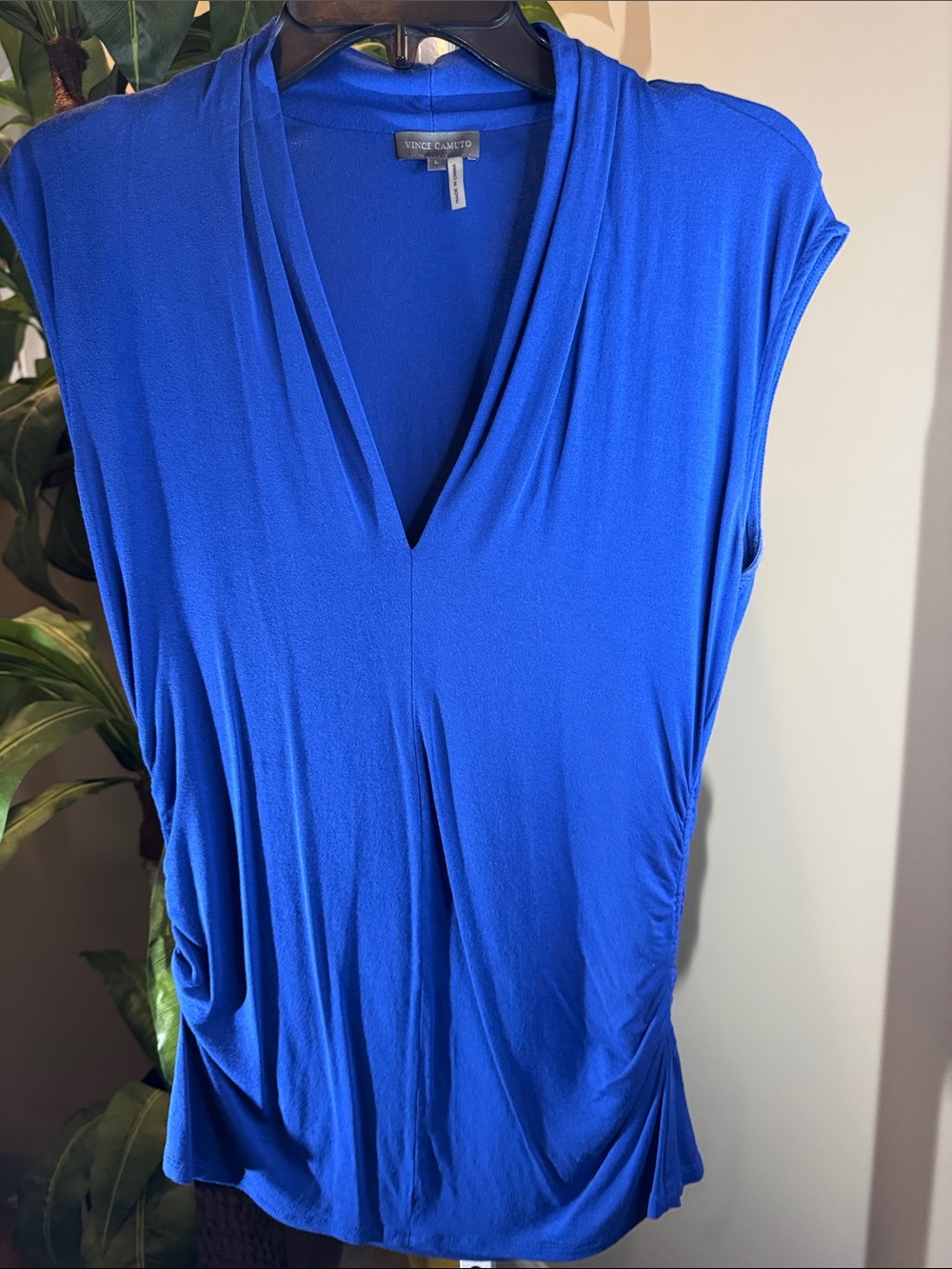 Vince Camuto Bright Royal Blue Cap-Sleeve V-Neck Top with ruched sides.